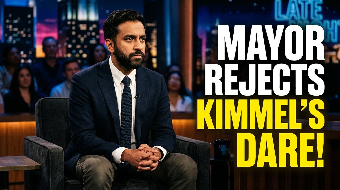 New York City Mayor Zohran Mamdani sitting across from Jimmy Kimmel on a late night talk show set.