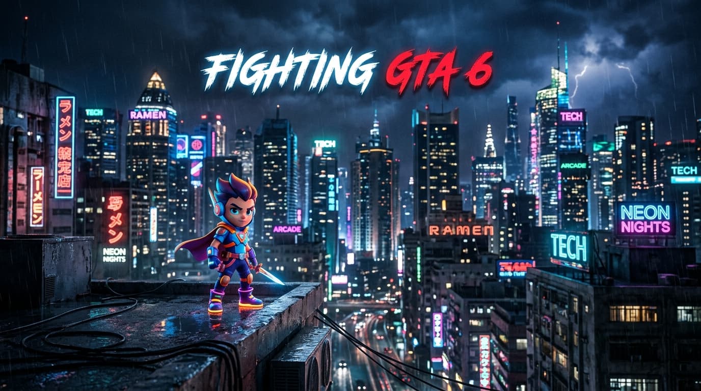 A small, brightly colored indie game character standing defiantly in front of a massive, realistic neon city skyline.